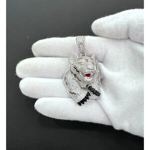 Tiger Head Face Charm 925 Sterling Silver Round Pendant CZ 2.2"